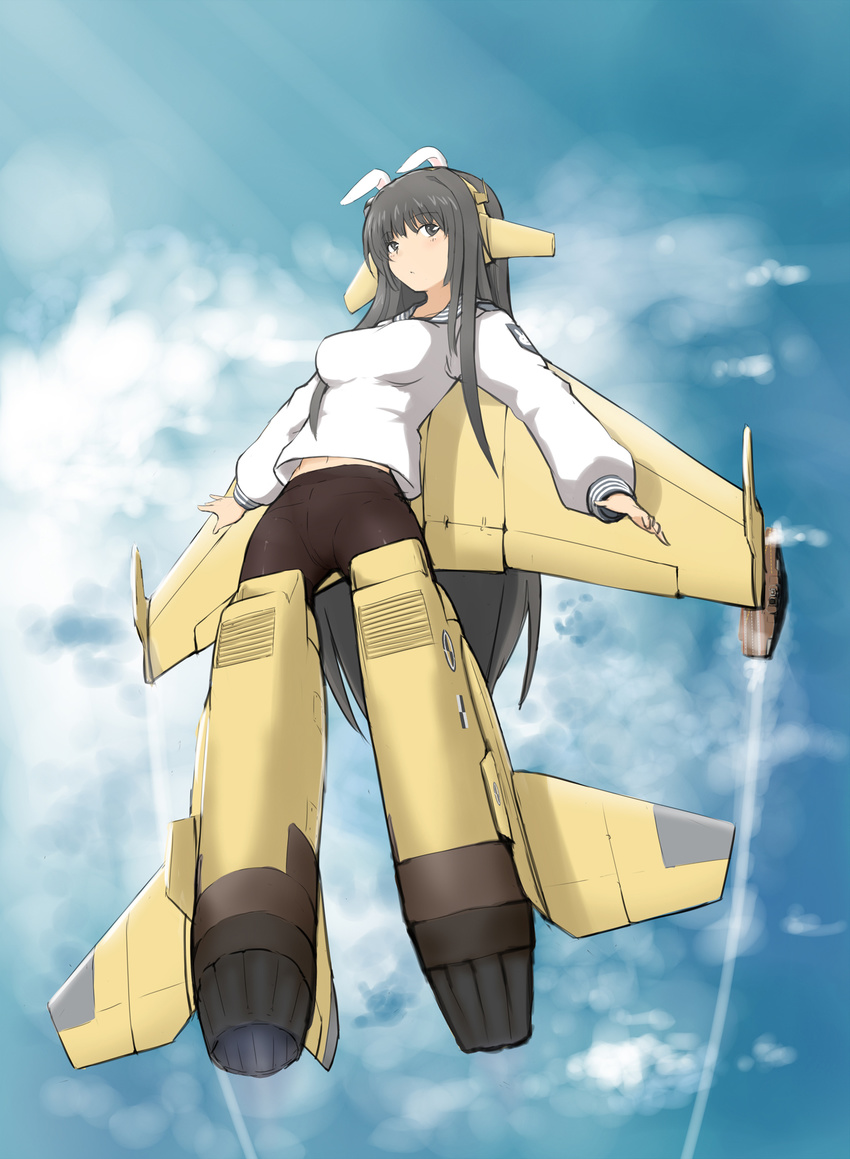 animal_ears canards cloud commentary_request copyright_request crotch_seam female from_above highres hu_sea j-15 long_hair mecha_musume military military_vehicle ocean panties panties_under_pantyhose pantyhose people's_liberation_army people's_liberation_army_navy personification photoshop_(medium) rabbit rabbit_ears school_uniform serafuku ship solo striker_unit thighband_pantyhose underwear watercraft