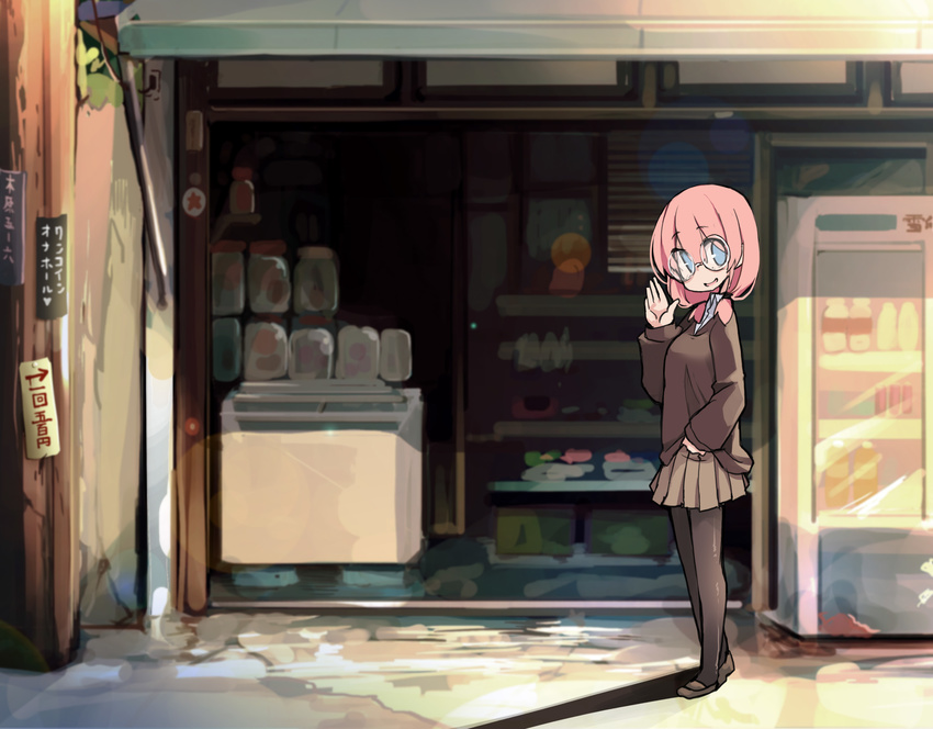 blue_eyes bottle brown_footwear brown_pantyhose brown_skirt commentary_request display female freezer glasses highres lens_flare loafers looking_at_viewer original outdoors pantyhose photoshop_(medium) pink_hair pleated_skirt pole shoes skirt solo storefront takagi_(tansuke) takagi_seiniku vending_machine waving