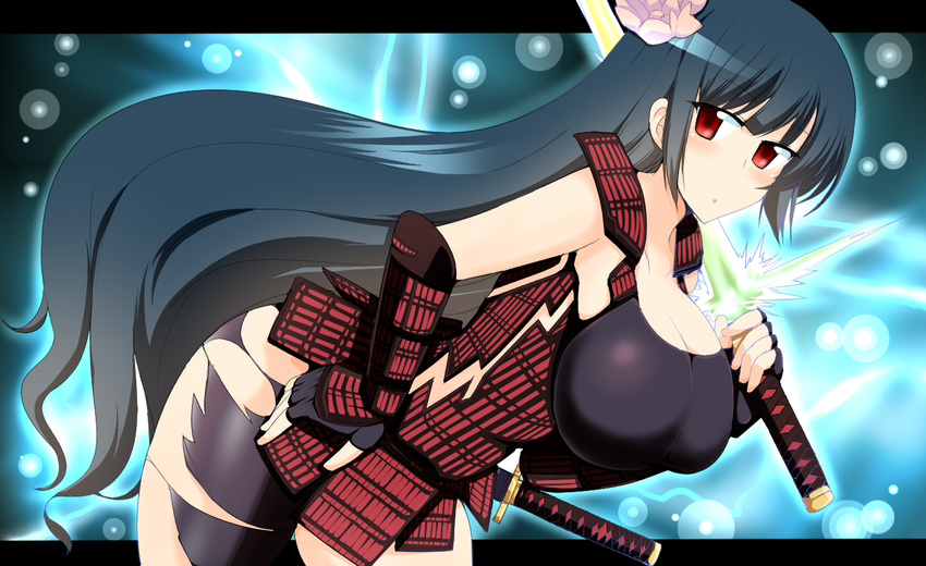 armor bent_over black_hair black_panties breasts female female fingerless_gloves flower gloves hair_ornament huge_breasts katana long_hair panties profile red_eyes samurai sengoku_taisen solo standing sword torn_clothes underwear weapon wedge