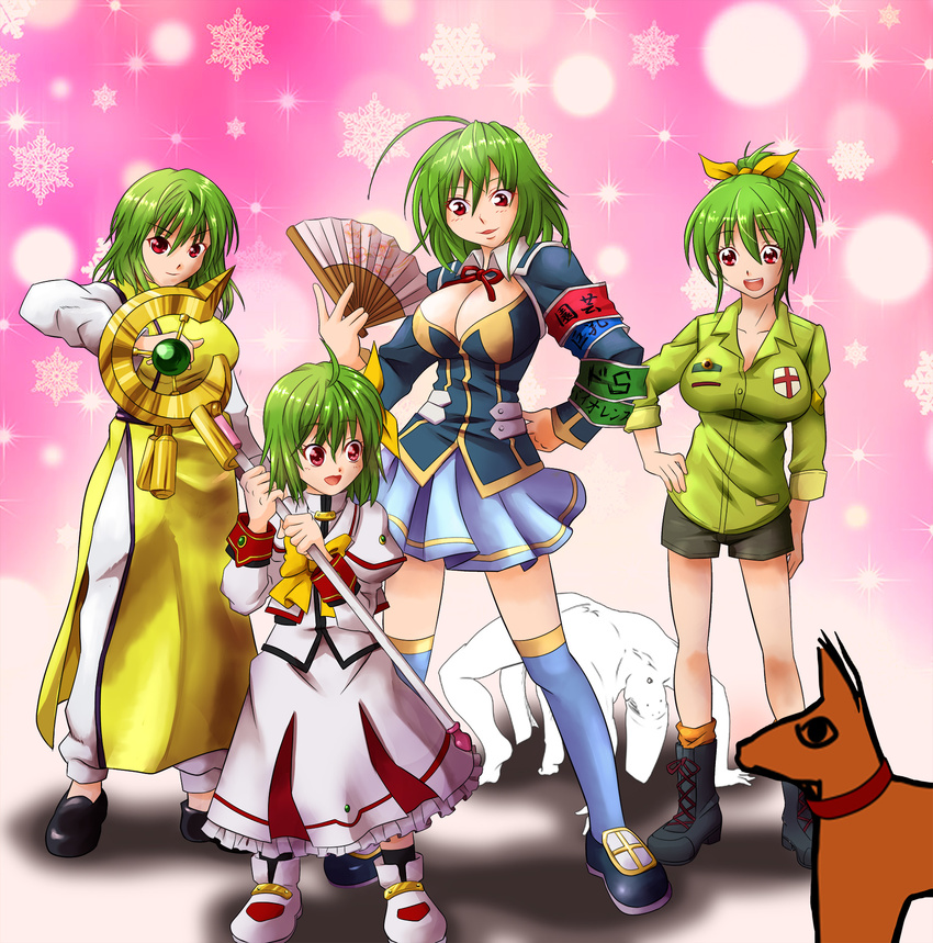 <o>_<o> 1boy 4girls ahoge alest_lusia anubis-kun breasts cleavage commentary_request cosplay fujiwara_no_michinaga green_hair green_shirt hand_fan hat highres kazami_yuuka kurama_(yu_yu_hakusho) kurama_(yu_yu_hakusho)_(cosplay) kurokami_medaka kurokami_medaka_(cosplay) large_breasts long_skirt lyrical_nanoha magical_girl medaka_box midorikawa_nao midorikawa_nao_(cosplay) multiple_girls photoshop_(medium) precure red_eyes shirt skirt smile_precure snowflakes staff takamachi_nanoha takamachi_nanoha_(cosplay) tate_eboshi thighhighs touhou yu_yu_hakusho