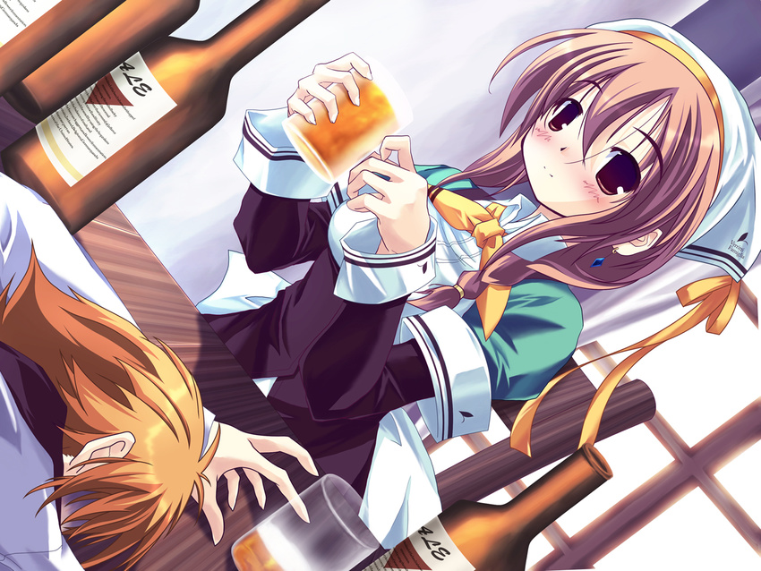 1boy alcohol beer brown_hair female hat highres nina_lindberg shippo_danshaku shukufuku_no_campanella