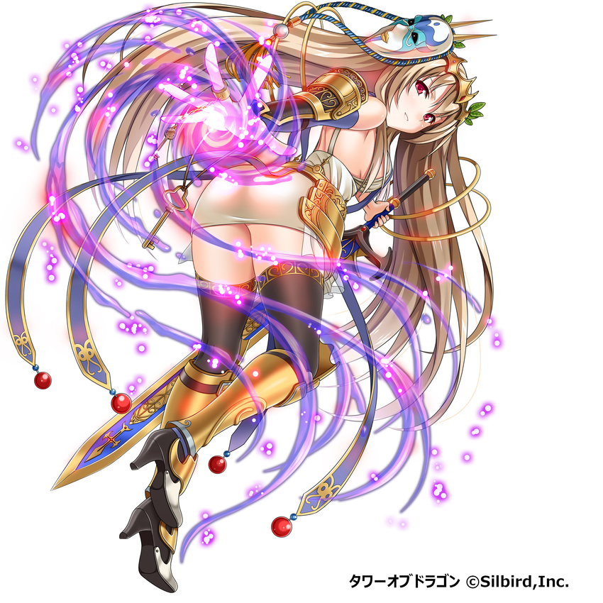 absurdres black_thighhighs blue_eyes breasts brown_hair commentary_request female hair_ornament highres holding holding_sword holding_weapon long_hair looking_at_viewer magic medium_breasts sideboob simple_background smile solo sword thighhighs tower_of_dragon violetshit weapon white_background