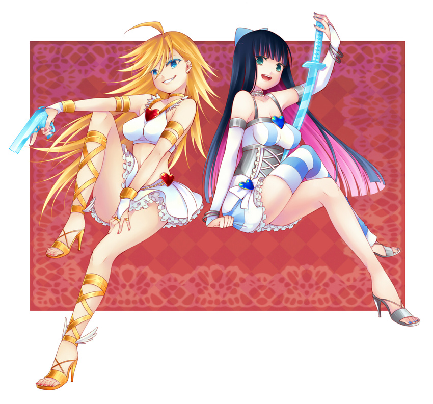 2girls bad_id bad_pixiv_id blonde_hair blue_eyes bridal_gauntlets corset crossed_legs dress gladiator_sandals high_heels highres long_hair momoyama_nozomu multicolored_hair multiple_girls panty_&_stocking_with_garterbelt panty_(psg) sandals shoes siblings sisters sitting skirt stocking_(psg) strappy_heels striped striped_leggings thighhighs two-tone_hair white_dress white_skirt winged_footwear