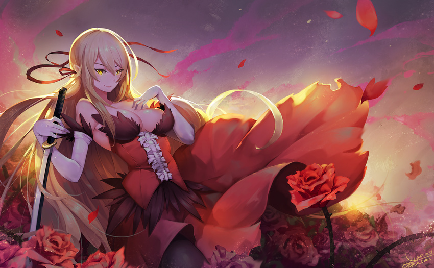 bare_shoulders black_pantyhose blonde_hair breasts cleavage commentary dress elbow_gloves female flower gloves highres johnson_zhuang katana kiss-shot_acerola-orion_heart-under-blade kokorowatari large_breasts long_hair looking_at_viewer monogatari_(series) oshino_shinobu pantyhose pointy_ears rose solo sword vampire weapon white_gloves yellow_eyes