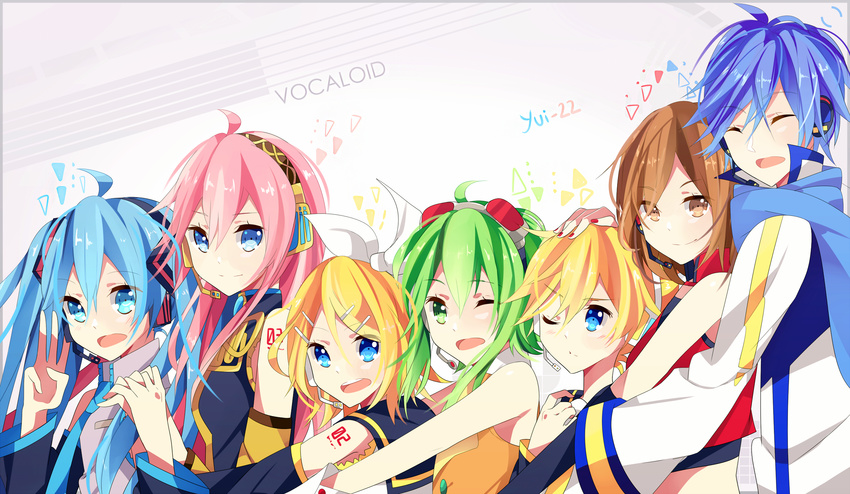 2boys 5girls ^_^ ahoge blonde_hair blue_eyes blue_hair brown_eyes brown_hair closed_eyes commentary everyone goggles green_hair gumi hair_ornament hairpin happy hatsune_miku headphones highres kagamine_len kagamine_rin kaito_(vocaloid) kaito_(vocaloid3) long_hair megurine_luka megurine_luka_(vocaloid4) meiko_(vocaloid) meiko_(vocaloid3) microphone multiple_boys multiple_girls nail_polish necktie one_eye_closed pink_hair ribbon scarf short_hair smile twintails v4x vocaloid yui_(22)