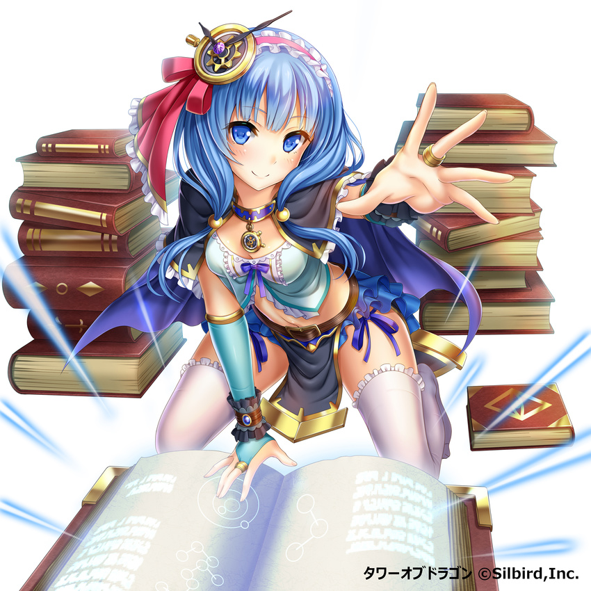 absurdres blue_eyes blue_hair book breasts cleavage commentary_request female hair_ornament hair_ribbon highres kneeling long_hair looking_at_viewer magic medium_breasts midriff navel purple_ribbon red_ribbon ribbon simple_background solo tower_of_dragon violetshit white_background wrist_cuffs