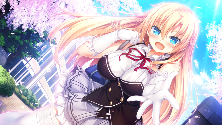 bag bare_shoulders blonde_hair blue_eyes blue_sky blush breasts building cherry_blossoms day female flower game_cg gloves handbag highres iris_december_uncry large_breasts long_hair looking_at_viewer nora_to_oujo_to_noraneko_heart oozora_itsuki open_mouth outdoors outstretched_hand petals school_uniform shirt skirt sky smile tied_shirt tree white_gloves white_legwear