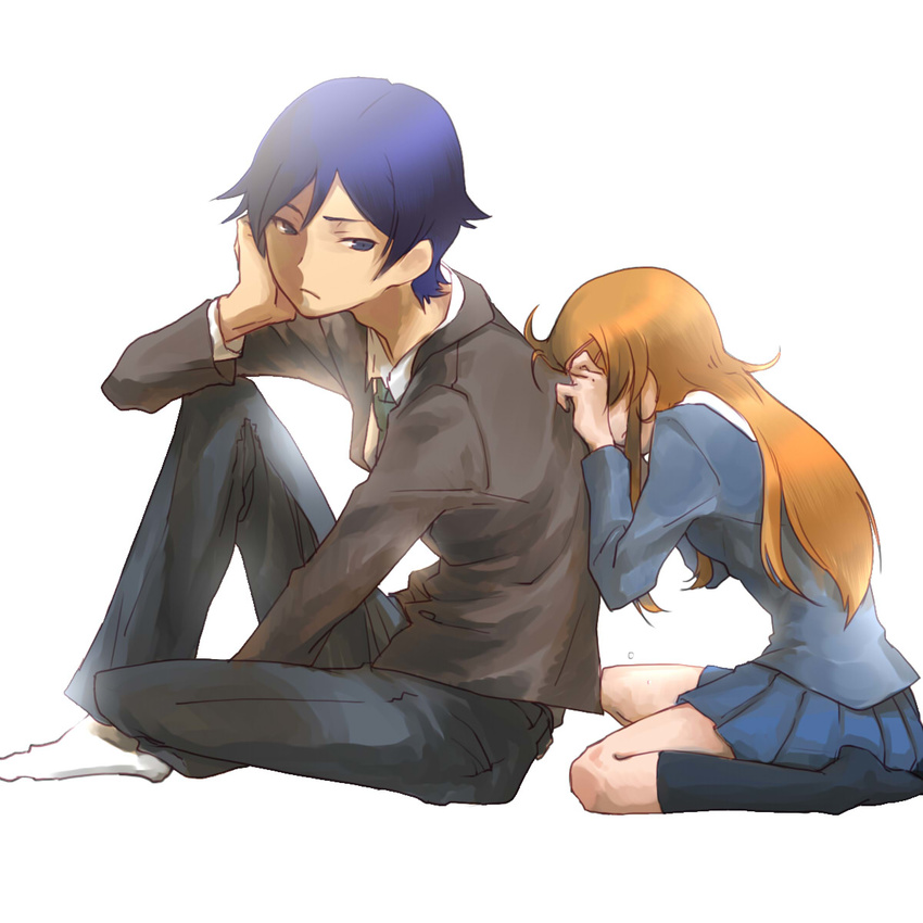 1boy bad_id bad_pixiv_id blazer brother_and_sister female fukuro_kouji highres jacket kousaka_kirino kousaka_kyousuke long_hair necktie orange_hair ore_no_imouto_ga_konna_ni_kawaii_wake_ga_nai purple_eyes purple_hair school_uniform siblings skirt