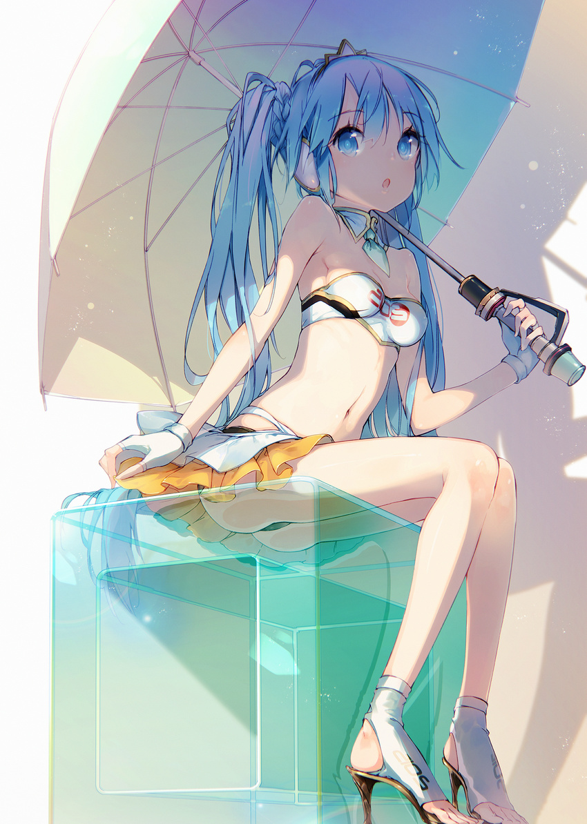 2015 :o adapted_costume aqua_hair bad_feet bare_shoulders black_panties blue_eyes blue_hair braid breasts clothes_writing commentary crown cube detached_collar eyebrows female fingerless_gloves glass gloves goodsmile_racing hatsune_miku headphones high_heels highres holding holding_umbrella long_hair long_legs midriff navel necktie panties pantyshot race_queen racing_miku racing_miku_(2015) shade short_necktie sideboob sitting small_breasts solo transparent transparent_seat twintails umbrella underwear very_long_hair vocaloid white_gloves yatsuha_(hachiyoh)