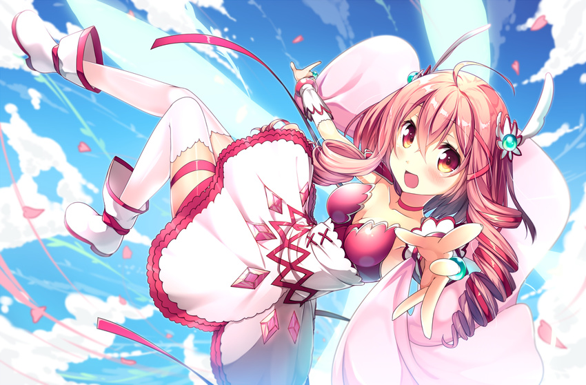 :d ahoge armpits blue_sky blush boots breasts brown_eyes cleavage cloud cloudy_sky collar commentary day dress drill_hair falling female hair_between_eyes hair_ornament knee_up leg_up long_hair looking_at_viewer magical_girl medium_breasts open_mouth outstretched_arms outstretched_hand petals pink_hair shoulder_pads sky smile solo soushin_shoujo_matoi sumeragi_matoi usume_shirou white_dress white_legwear wind