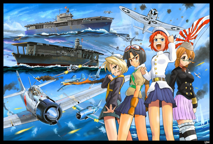 4girls a6m_zero aerial_battle ahoge aircraft aircraft_carrier airplane akagi_(aircraft_carrier) b5n battle battle_of_midway border commentary_request dogfight f4f_wildcat flag flying glasses goggles gyan_(akenosuisei) hat historical_event imperial_japanese_navy japanese_flag military military_uniform military_vehicle multiple_girls navy ocean original pilot propeller rising_sun_flag roundel sbd_dauntless ship shot_down sunburst tbd_devastator thighhighs uniform uss_enterprise_(cv-6) warship water watercraft world_war_ii zettai_ryouiki