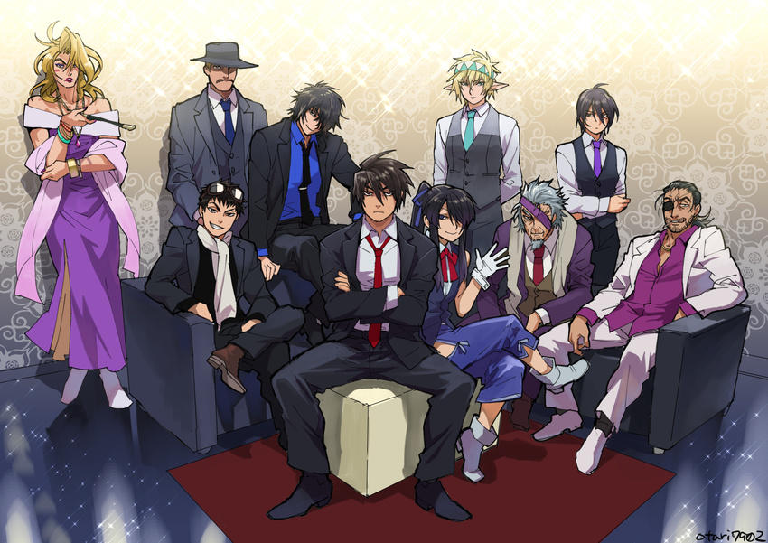 6+boys black_hair butch_cassidy_(drifters) commentary_request crossdressing dark-skinned_male dark_skin drifters eyepatch grin hannibal_barca_(drifters) indesign kanno_naoshi_(drifters) long_hair looking_at_viewer male_focus multiple_boys nasu_no_yoichi_(drifters) oda_nobunaga_(drifters) one_eye_closed red_eyes saint-germi shimazu_toyohisa_(drifters) short_hair smile sundance_kid_(drifters) white_hair