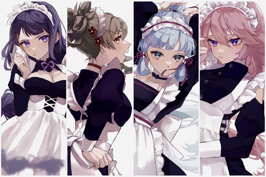 4girls absurdres apron blue_eyes blue_hair blunt_bangs brown_eyes brown_hair dress frills fruct0se_fa genshin_impact hair_between_eyes half-closed_eyes highres kamisato_ayaka maid maid_apron maid_headdress multiple_girls pink_hair ponytail purple_eyes purple_hair raiden_shogun sidelocks yae_miko yoimiya_(genshin_impact)