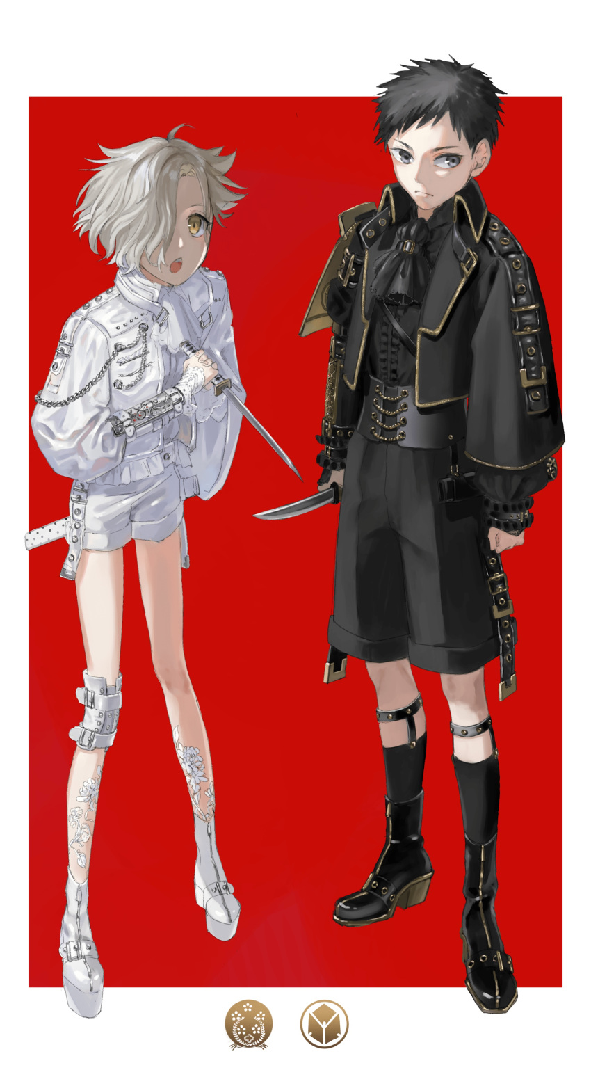 2boys absurdres ascot atsushi_toushirou black_footwear black_hair black_jacket black_legwear black_shirt black_shorts black_vs_white boots border closed_mouth dagger gokotai grey_eyes grey_hair hair_over_one_eye hataya highres holding holding_dagger holding_knife holding_weapon jacket knee_pads knife long_sleeves looking_at_viewer medium_hair multiple_boys one_eye_covered open_clothes open_jacket open_mouth platform_footwear red_background shirt short_sword shorts simple_background single_knee_pad socks sword tantou touken_ranbu weapon white_border yellow_eyes