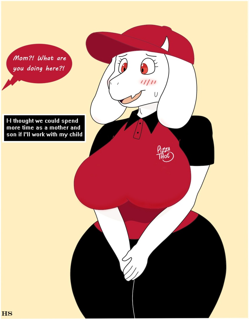 2019 anthro big_breasts big_legs bodily_fluids boss_monster_(undertale) bovid breasts caprine clothed clothing cute_fangs english_text eyebrows eyelashes female food hat headgear headwear hi_res hoodie_stalker horn mammal mature_anthro mature_female offscreen_character pizza pizza_thot red_eyes shirt simple_background smile solo standing sweat text text_on_clothing text_on_shirt text_on_topwear topwear toriel undertale undertale_(series) uniform