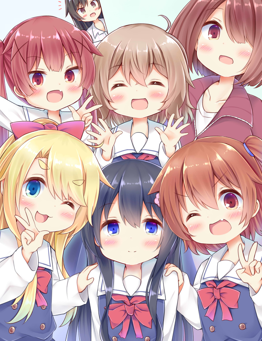 6+girls :3 :d ;3 ;d absurdres ahoge black_hair blonde_hair blue_dress blush bow bowtie brown_hair closed_eyes closed_mouth collared_shirt commentary_request dress esureki flower hair_flower hair_ornament hair_over_one_eye hairbow hand_on_another's_shoulder hand_up hands_up happy highres himesaka_noa hoshino_hinata hoshino_miyako_(wataten) jacket konomori_kanon light_brown_hair lolicon long_hair long_sleeves looking_at_viewer matsumoto_kouko medium_hair multiple_girls notice_lines oerba_yun_fang one_eye_closed one_eye_covered open_mouth peeking_out pinafore_dress pink_flower purple_eyes red_bow red_bowtie red_eyes red_hair red_jacket red_track_suit sailor_collar sailor_dress school_uniform shirosaki_hana shirt skin_fang sleeveless sleeveless_dress smile split_mouth standing tanemura_koyori thick_eyebrows track_jacket track_suit twintails upper_body v very_long_hair w watashi_ni_tenshi_ga_maiorita! waving white_sailor_collar white_shirt x_hair_ornament