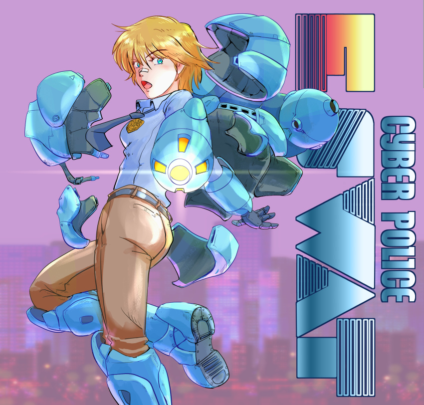 aiming aiming_at_viewer arm_cannon armor ass badge bandaid bandaid_on_face bandaid_on_nose bb9_megadrive belt black_belt blonde_hair blue_eyes blue_shirt blurry blurry_background boots breasts brown_pants city cityscape collared_shirt commentary_request cover cyber_police_eswat duke_oda fake_cover female firing genderswap_(mtf) gun helmet highres jetpack leg_up long_sleeves looking_at_viewer looking_back machine_gun mecha muzzle_flash open_mouth pants police police_uniform policewoman power_armor robot rule_63 science_fiction sega shirt short_hair small_breasts solo standing standing_on_one_leg thrusters undressing uniform unworn_headwear unworn_helmet video_game_cover weapon