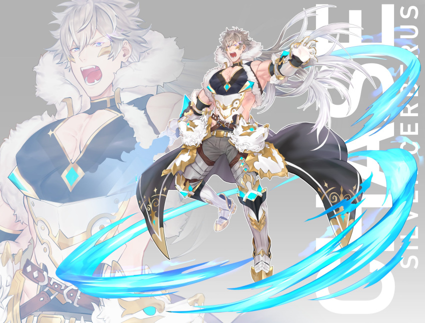 1boy alternate_costume bara bare_shoulders blue_eyes bulge chase_(king's_raid) cleavage_cutout clothing_cutout covered_nipples full_body grey_hair highres jumping king's_raid large_pectorals male_focus multiple_views muscular muscular_male oerba_yun_fang open_mouth pectoral_cleavage pectorals projected_inset short_hair side_cutout sidepec zhineart