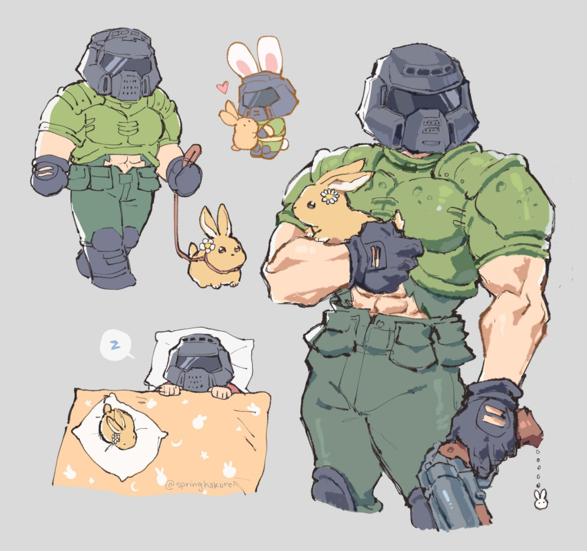 1boy abs animal armor assault_visor bad_id bad_twitter_id black_gloves chibi commentary daisy_(doom) doom_(series) doomguy double-barreled_shotgun english_commentary fingerless_gloves flower gloves grey_background grey_visor gun helmet highres holding holding_gun holding_weapon jeto_(jetopyon) leash multiple_views muscular pillow rabbit shotgun simple_background sleeping spoken_zzz weapon zzz