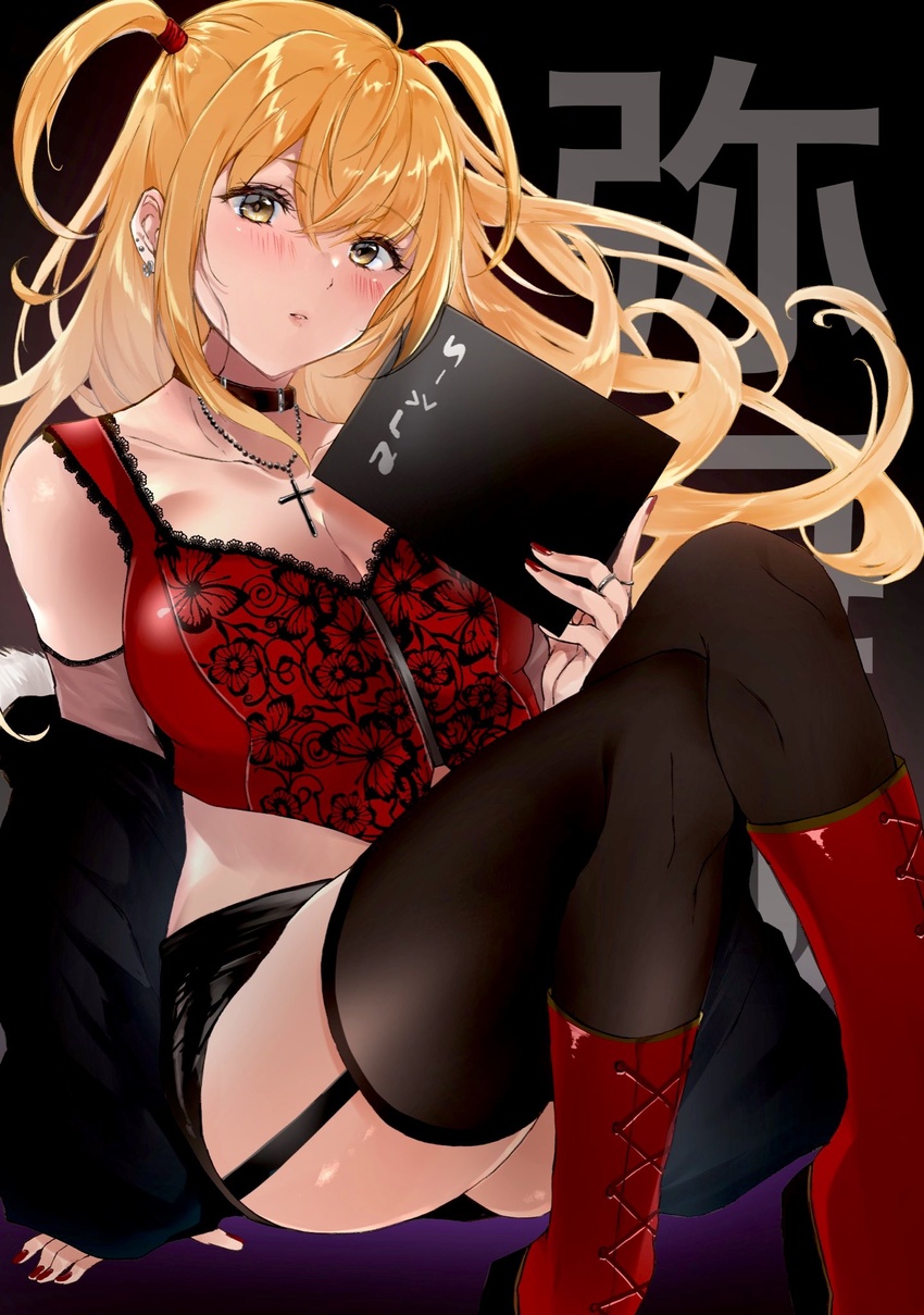 amane_misa black_shorts black_thighhighs blonde_hair blush breasts choker cleavage cross cross_necklace crossed_legs death_note death_note_(object) ear_piercing earrings female garter_straps goth_fashion hair_between_eyes highres jewelry large_breasts nail_polish necklace piercing red_footwear red_nails red_tank_top ring shorts sitting solo tank_top thighhighs two_side_up yamakonbu yellow_eyes