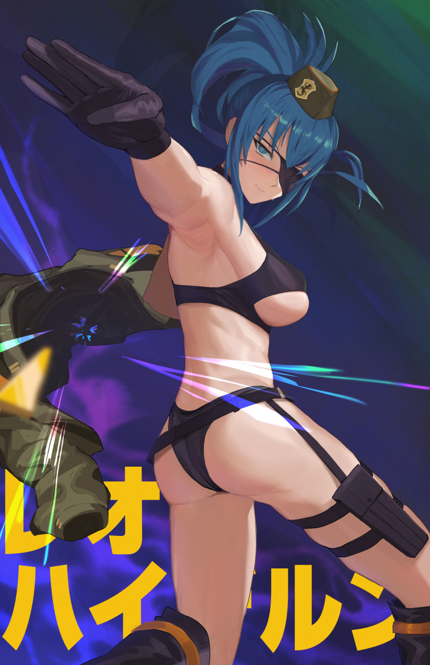 armpits ass bare_shoulders belt bikini black_bikini black_gloves black_legwear blue_eyes blue_hair boots breasts character_name clenched_hand closed_mouth commentary eyepatch female from_behind from_side gloves godsh0t green_jacket halterneck hat highres holster jacket knee_boots knees_up large_breasts lens_flare leona_heidern looking_at_viewer military_hat mixed-language_commentary outstretched_arm ponytail revealing_clothes snk_heroines:_tag_team_frenzy solo sweat swimsuit text_background the_king_of_fighters thigh_strap thighs thong throwing translated twisted_torso underboob unworn_jacket