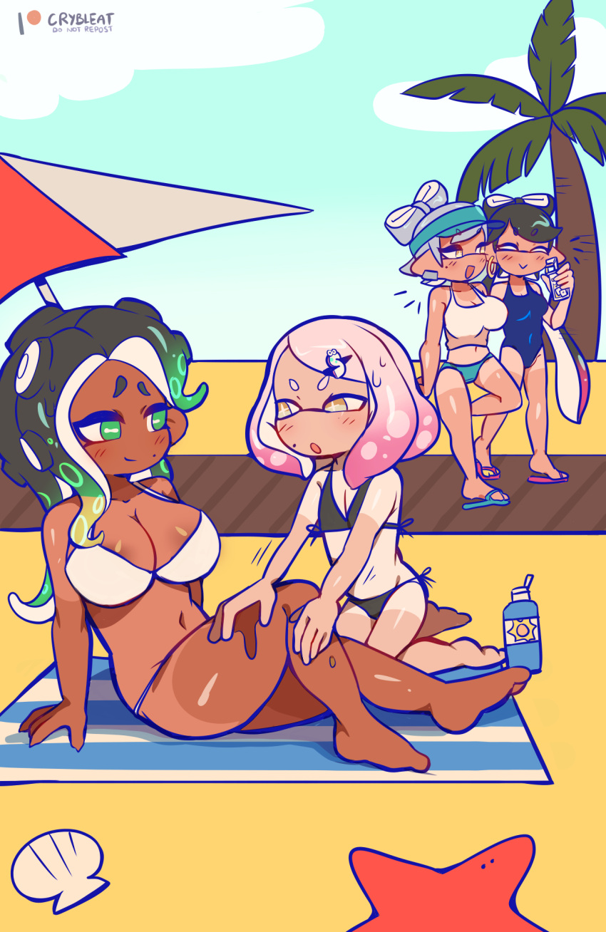 4girls applying_sunscreen bad_id bad_pixiv_id barefoot beach beach_towel beach_umbrella bikini blush bra breasts callie_(splatoon) clam_shell closed_eyes cloud crybleat dark-skinned_female dark_skin day english_commentary eye_contact feet flat_chest green_eyes hat highres inkling juice_box kneeling large_breasts looking_at_another lotion marie_(splatoon) marina_(splatoon) midriff mole mole_under_mouth multiple_girls navel octoling one-piece_swimsuit outdoors palm_tree panties parasol pearl_(splatoon) sandals shirt sitting sky smile splatoon_(series) splatoon_2 starfish suction_cups sunscreen swimsuit tan tanlines tentacle_hair towel tree umbrella underwear yellow_eyes yuri