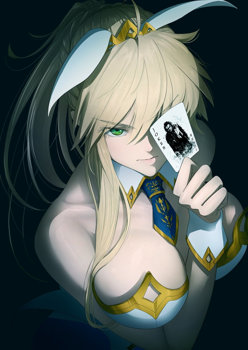 animal_ears artoria_pendragon_(fate) artoria_pendragon_(swimsuit_ruler)_(fate) batman_(series) blonde_hair breasts card cleavage clown commentary_request dc_comics detached_collar fake_animal_ears fate/grand_order fate_(series) female from_above green_eyes hair_between_eyes hairband heath_ledger highres imizu_(nitro_unknown) joker_(dc) joker_(playing_card) long_hair looking_at_viewer necktie playboy_bunny playing_card ponytail rabbit_ears shadow sidelocks solo the_dark_knight upper_body wrist_cuffs