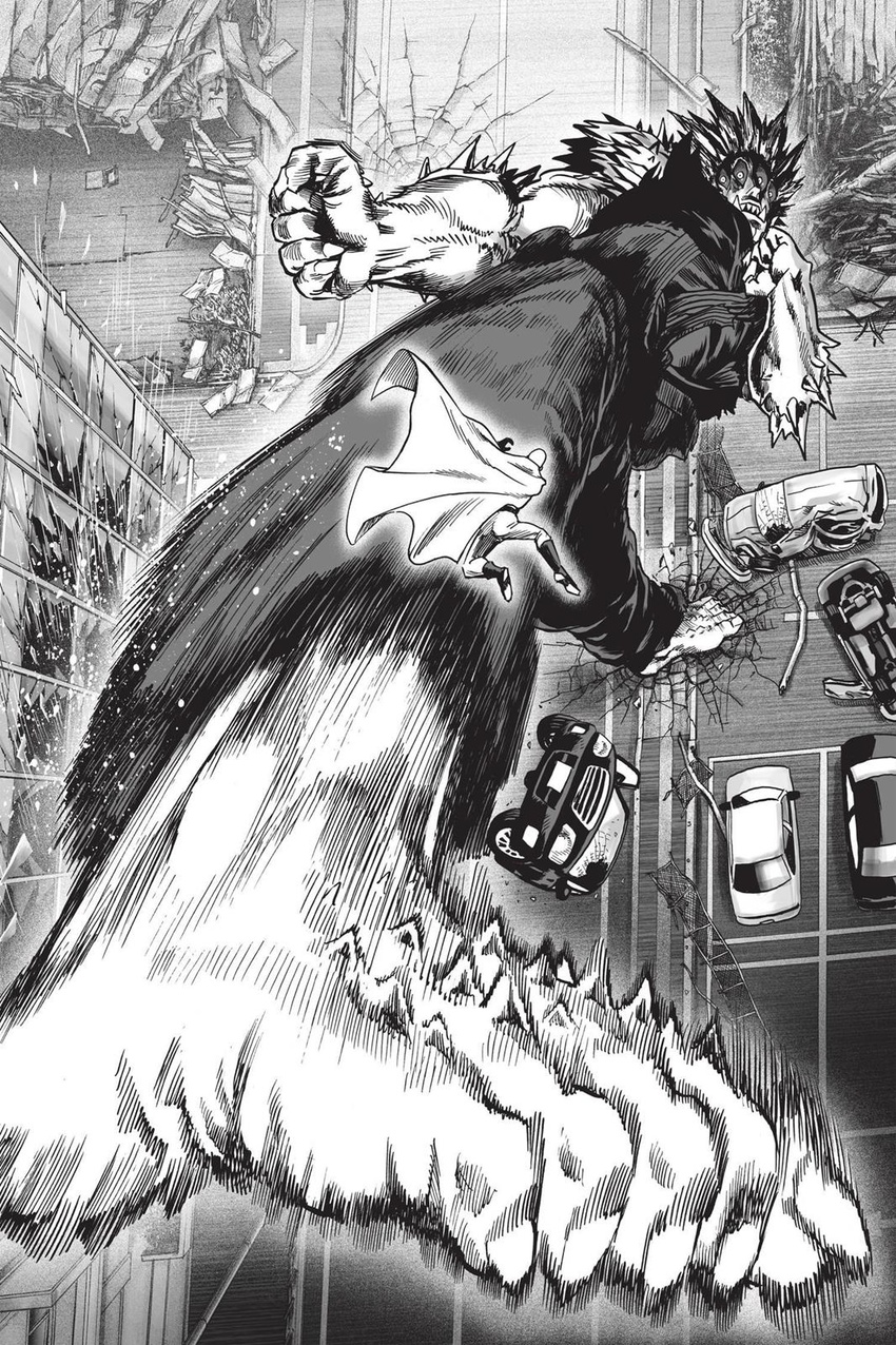 2boys barefoot battle boots broken_glass building cape car clenched_hands crack cracked_floor damaged dougi extra_eyes fangs fangs_out full_body giant glass gouketsu_(one-punch_man) greyscale highres kicking monochrome motor_vehicle multiple_boys murata_yuusuke official_art one-punch_man rubble saitama_(one-punch_man) size_difference sleeveless superhero_costume