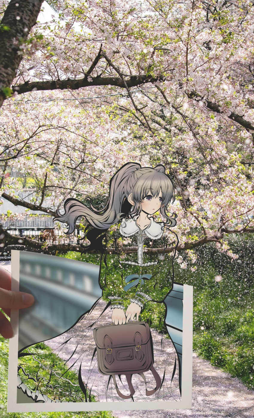 :o artist's_hand_in_frame bag blurry blurry_background blush cherry_blossoms depth_of_field falling_petals female floating_hair frilled_sleeves frills grey_hair highres holding holding_bag holding_paper idolmaster idolmaster_shiny_colors kirigami kirigami_(medium) kotetsu_of long_sleeves looking_afar outdoors paper papercraft_(medium) petals photo_(medium) puffy_long_sleeves puffy_sleeves railing solo twintails unconventional_media yukoku_kiriko