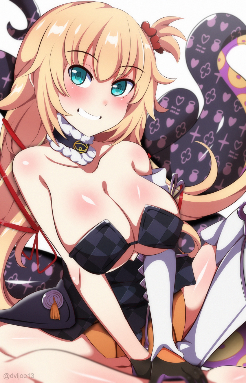 absurdres akai_haato artist_name black_collar black_dress black_gloves blonde_hair blue_eyes blush breasts cleavage collar commentary cosplay detached_sleeves dress dvljoe english_commentary female fur-trimmed_collar fur_trim gloves grin hair_ornament half_gloves heart heart_hair_ornament highres hololive hololive_english large_breasts looking_at_viewer ninomae_ina'nis ninomae_ina'nis_(cosplay) red_ribbon ribbon short_dress single_thighhigh smile strapless strapless_dress tabi tentacle thighhighs tube_dress virtual_youtuber white_sleeves white_thighhighs