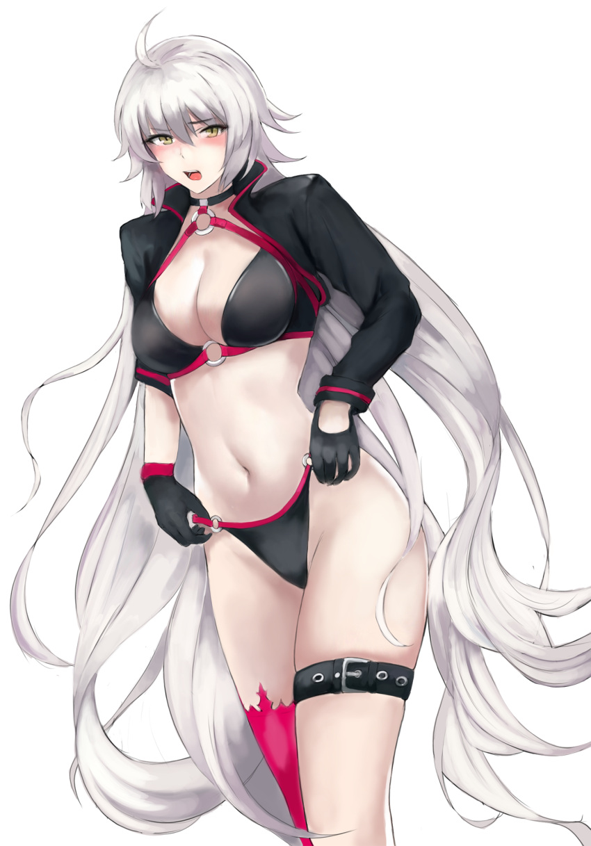 ahoge bikini black_bikini black_gloves black_jacket blush breasts choker cleavage cropped_jacket fate/grand_order fate_(series) female gloves grey_hair highres jacket jeanne_d'arc_alter_(fate) jeanne_d'arc_alter_(swimsuit_berserker)_(fate) large_breasts long_hair long_sleeves looking_at_viewer memory342 navel o-ring o-ring_bikini open_mouth red_thighhighs shrug_(clothing) single_thighhigh solo swimsuit thigh_strap thighhighs thighs very_long_hair yellow_eyes