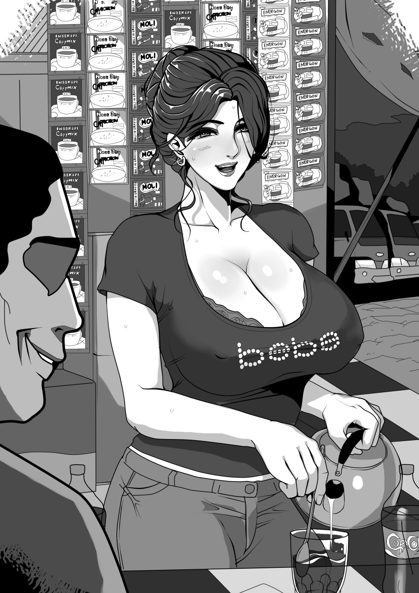 1boy absurdres binaru bottle bra bra_peek breasts cleavage coca-cola commentary earrings female glass greyscale highres huge_breasts jewelry long_hair mature_female monochrome original painttool_sai_(medium) shirt short_hair short_sleeves underwear