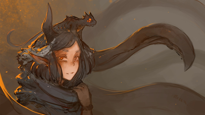 16:9 age_difference ambiguous_gender avy_(syvaron) black_hair demon demon_humanoid dragon duo female feral glowing hair hi_res horn humanoid humanoid_pointy_ears larger_humanoid looking_at_viewer mythological_creature mythological_scalie mythology older_humanoid orange_eyes scalie scarf sitting_on_another sitting_on_head size_difference smaller_feral syvaron tail tentacle widescreen young younger_feral