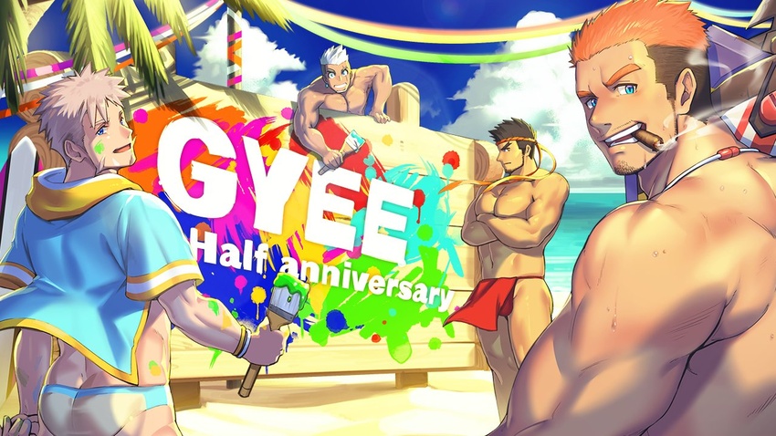 4boys abs ass bara black_hair blonde_hair blue_eyes blue_sky brown_hair cigar copyright_name crossed_arms day facial_hair fundoshi goatee gyee holding holding_paintbrush hood hoodie japanese_clothes lan_(gyee) large_pectorals long_sideburns looking_at_viewer male_focus male_swimwear male_underwear mature_male multicolored_hair multiple_boys muscular muscular_male navel official_art open_clothes open_hoodie open_mouth orange_hair outdoors paint_on_body paint_splatter paint_splatter_on_face paintbrush painting_(action) palm_tree pectorals rand_(gyee) sideburns sky smile smoking standing stubble su_(gyee) summer sunlight topless_male tree trim_brush underwear upper_body waku_(ayamix) white_hair white_male_underwear yan_(gyee)