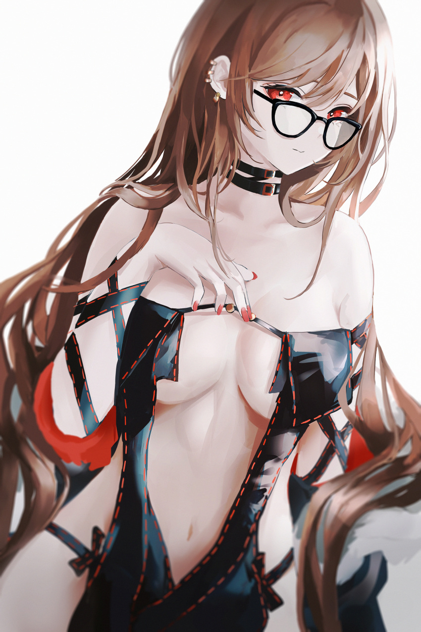 absurdres bare_shoulders black-framed_eyewear black_dress breasts brown_hair center_opening choker cleavage collarbone dress ear_piercing earrings fate/grand_order fate_(series) female glasses highres jewelry lielac long_hair looking_at_viewer medium_breasts multiple_earrings navel piercing red_eyes ribbon-trimmed_dress solo very_long_hair yu_mei-ren_(fate)