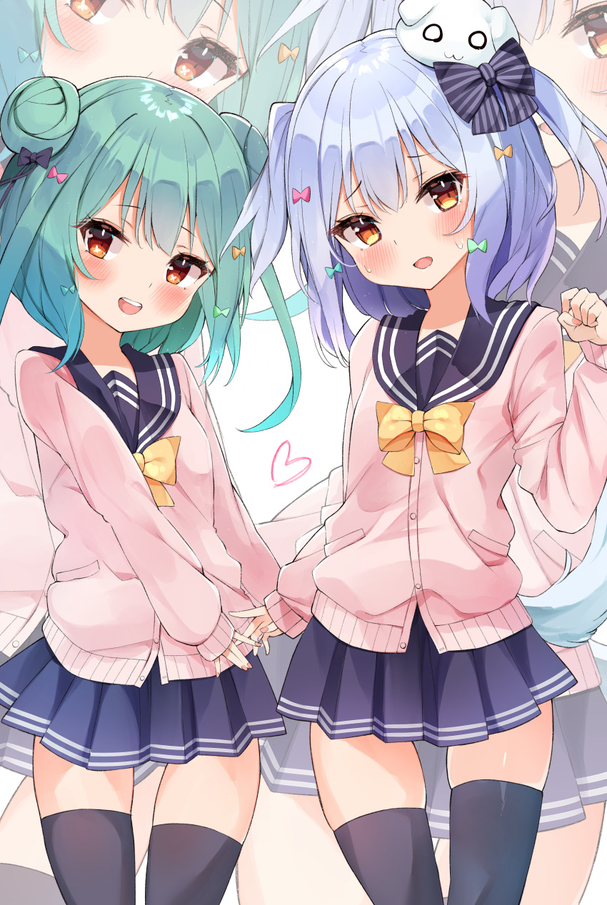 1boy absurdres blue_hair blush bow cardigan cosplay dog_tail double_bun eureka_814 female green_hair hair_between_eyes hair_bun hair_ornament hairbow heart highres hololive inuyama_tamaki inuyama_tamaki_(1st_costume) inuyama_tamaki_(cosplay) long_hair long_sleeves looking_at_viewer nail_polish noripro open_mouth otoko_no_ko pleated_skirt red_eyes sailor_collar short_hair skirt smile tail teeth thighhighs two_side_up upper_teeth_only uruha_rushia virtual_youtuber