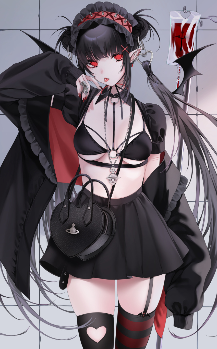 bikini black_bikini black_hair black_hairband black_jacket black_skirt blood blood_bag clothing_cutout detached_wings earrings female frilled_hairband frills hair_ornament hairband heart heart_cutout heart_earrings high-waist_skirt highres jacket jewelry long_hair long_sleeves looking_at_viewer nail_polish necklace o-ring off_shoulder ohisashiburi_(style) ompf original piercing pleated_skirt puffy_short_sleeves puffy_sleeves red_eyes red_hairband red_jacket red_nails red_thighhighs ring short_sleeves skindentation skirt solo spikes striped_clothes striped_thighhighs swimsuit thighhighs tongue tongue_out vivienne_westwood wings x_hair_ornament