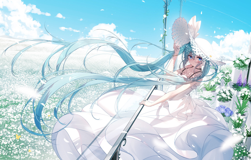 animal arm_up bare_arms bare_shoulders blue_eyes blue_hair blue_sky blush bug butterfly chinese_commentary closed_mouth cloud commentary day dress female field flower flower_field flower_request hair_between_eyes hat hatsune_miku highres horizon lilac lily_(flower) lily_of_the_valley long_hair looking_at_viewer lupinus_(flower) outdoors plant potted_plant purple_flower qys3 revision sky sleeveless sleeveless_dress smile solo straw_hat sun_hat tulip very_long_hair vocaloid white_dress white_flower white_hat