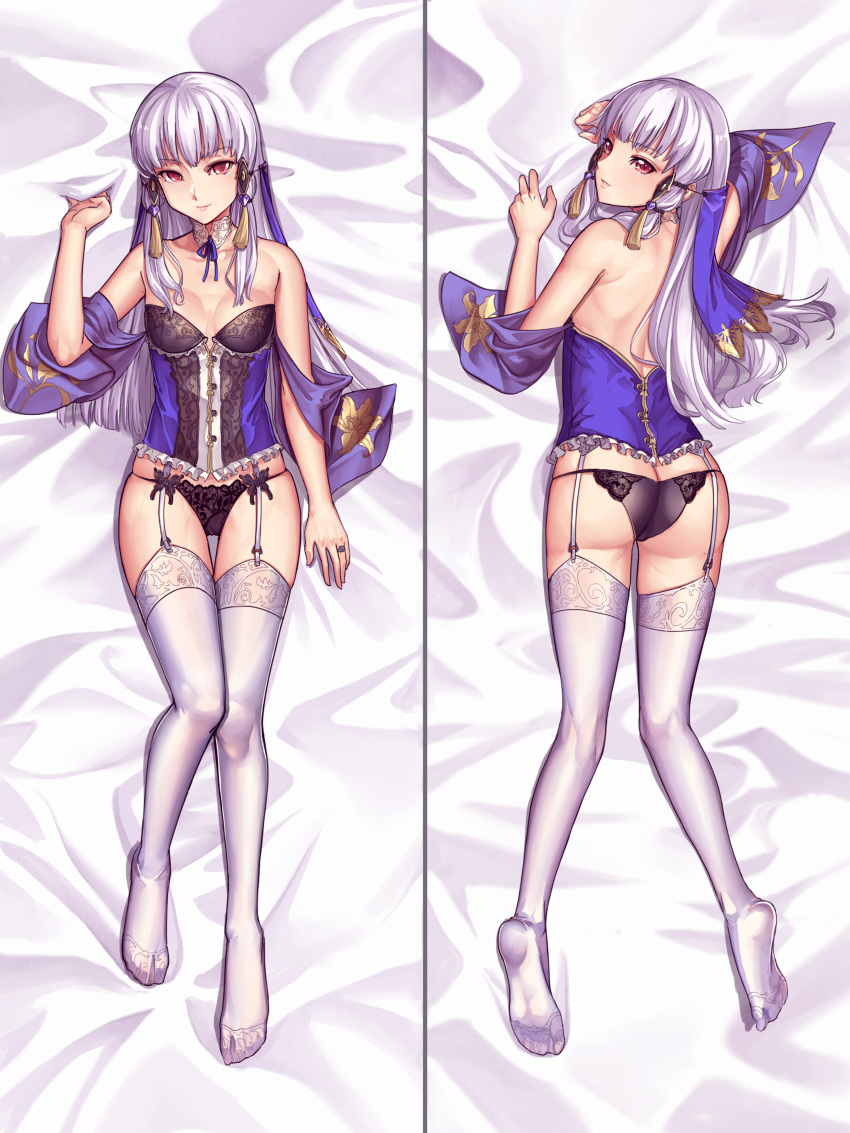 absurdres amiba_(nerdamiba) ass breasts butt_crack cleavage commentary_request corset dakimakura_(medium) detached_sleeves female fire_emblem fire_emblem:_three_houses garter_straps grey_hair hair_ornament highres lace lace-trimmed_panties lace_trim lingerie long_hair looking_at_viewer lying lysithea_von_ordelia multiple_views on_back on_stomach panties small_breasts thighhighs underwear white_thighhighs