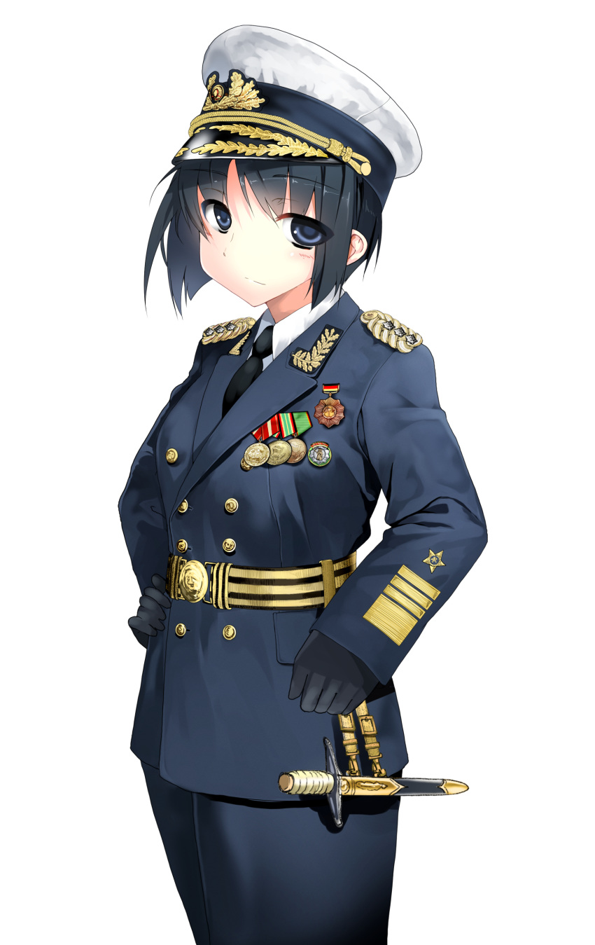 absurdres east_german female gloves gold_trim hat highres looking_at_viewer medal military military_uniform naval_uniform necktie original samazuka_mashiro short_hair solo uniform volksmarine white_background