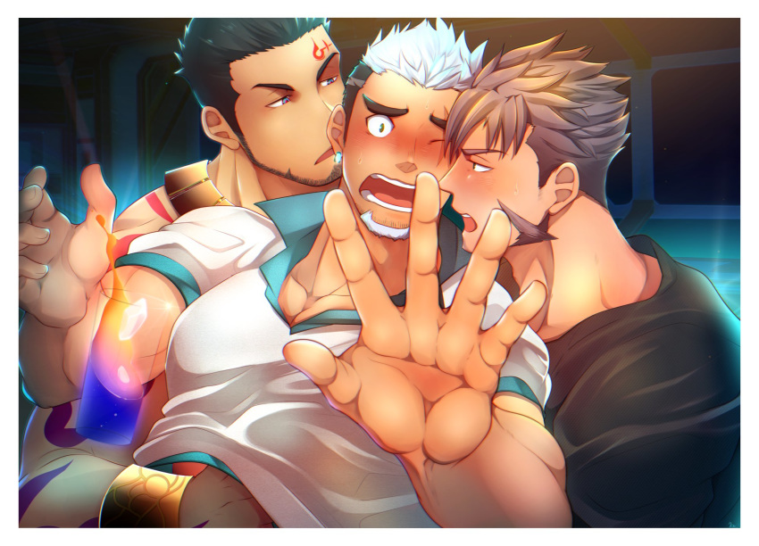 3boys alternate_costume arguing bara black_hair blue_eyes blush boy_sandwich brown_hair casual couple crow_(siranui) earrings facial_hair facial_mark goatee grabbing green_eyes groping gyee hand_under_clothes hand_under_shirt highres jewelry large_pectorals long_sideburns love_triangle male_focus mature_male multicolored_hair multiple_boys muscular muscular_male one_eye_closed open_mouth pectoral_grab pectorals priapu priapus priapus_a._tarou sandwiched shirt sideburns standing su_(gyee) tattoo upper_body white_hair yan_(gyee) yaoi