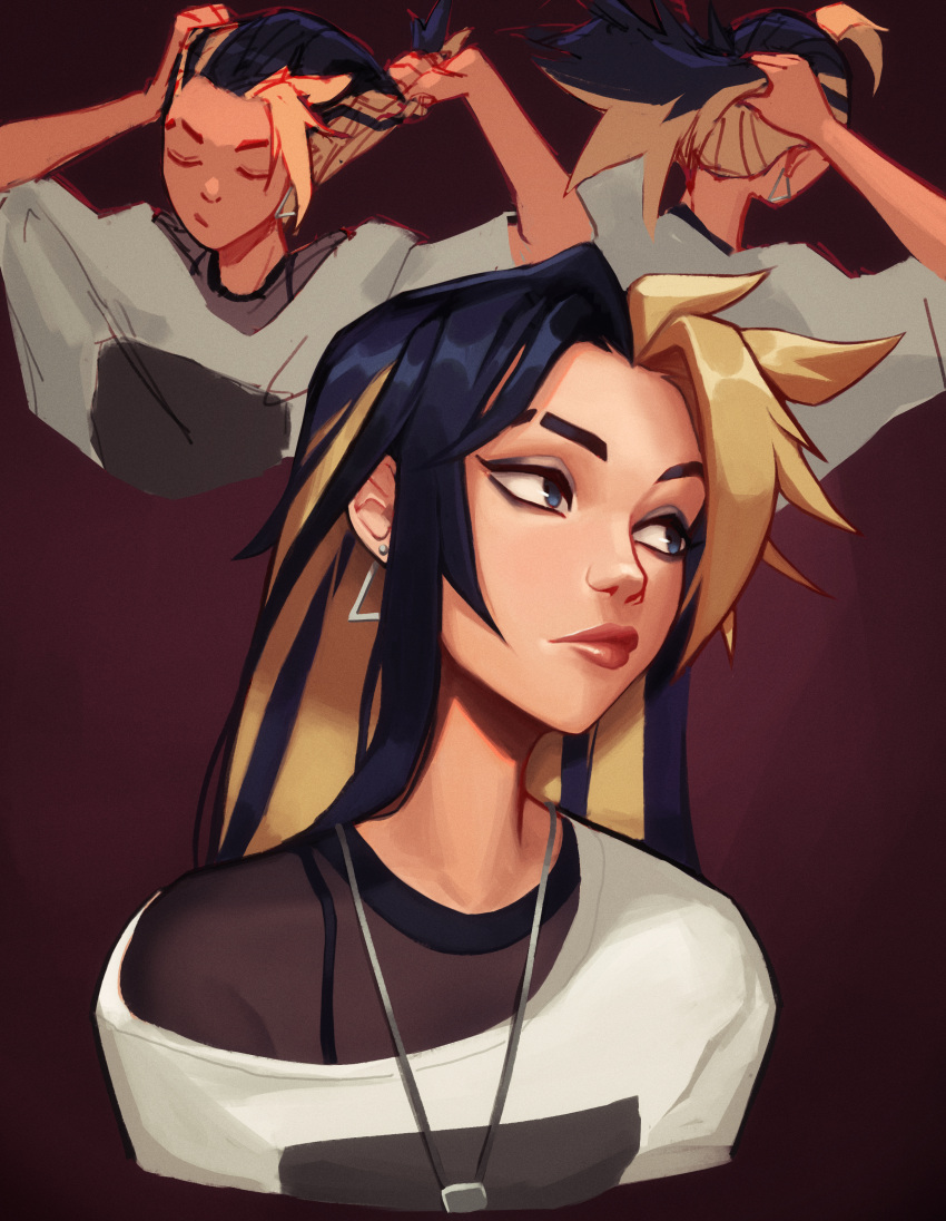 absurdres adjusting_hair akali alternate_hairstyle baggy_clothes black_hair blonde_hair blue_eyes blue_eyeshadow dog_tags earrings eyeshadow female highres jewelry k/da_(league_of_legends) league_of_legends lips looking_to_the_side makeup multicolored_hair multiple_views ponytail qtori the_baddest_akali two-tone_hair