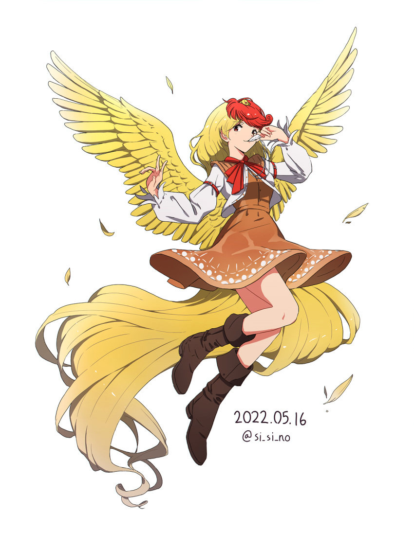 animal animal_on_head bird bird_on_head bird_tail bird_wings blonde_hair boots brown_dress brown_footwear chick commentary covered_navel dated dress feathered_wings female full_body highres knee_boots long_sleeves multicolored_hair niwatari_kutaka on_head red_eyes red_hair shishi_osamu short_hair simple_background solo tail touhou twitter_username two-tone_hair whistle white_background wings yellow_wings