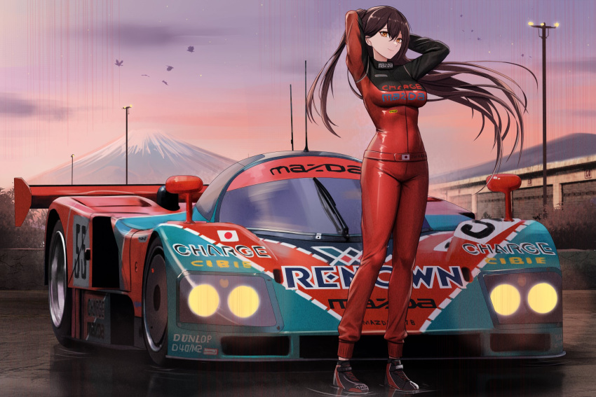 alternate_costume azur_lane bird car closed_mouth cloud commission female fuji_speedway full_body headlights highres japanese_flag kcar66t le_mans_prototype long_hair long_sleeves mazda mazda_787b motor_vehicle mount_fuji mountain mountainous_horizon outdoors product_placement race_vehicle racecar racetrack racing_suit real_world_location second-party_source solo spoiler_(automobile) standing twilight vehicle_focus world_sportscar_championship zuikaku_(azur_lane)