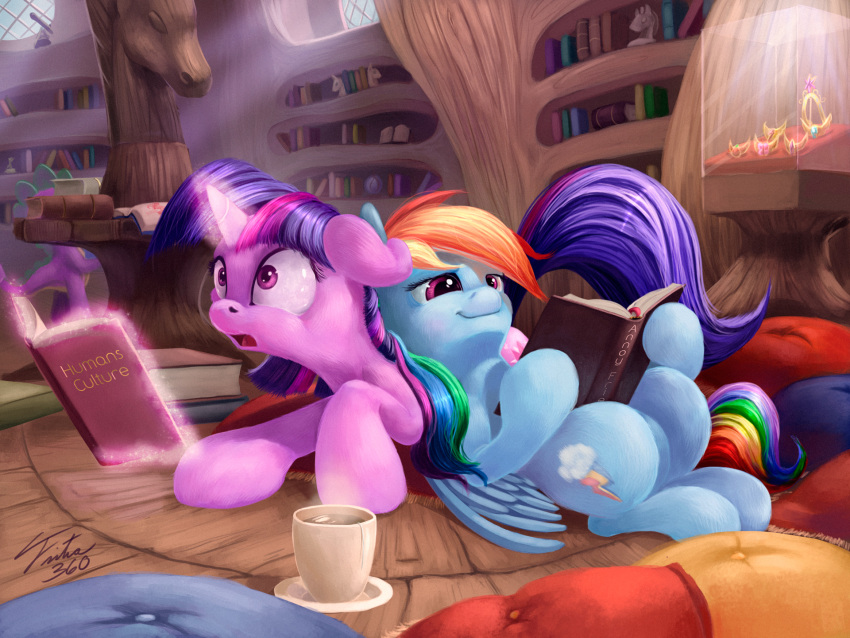 2013 4:3 anthro beverage blue_body blue_feathers blue_fur book bookshelf coffee container cup dragon duo elements_of_harmony english_text equid equine feathered_wings feathers female food friendship_is_magic fur furniture glowing hair hasbro hi_res jewelry library lying magic male mammal multicolored_hair my_little_pony mythological_creature mythological_equine mythological_scalie mythology pegasus pillow purple_body purple_eyes purple_fur purple_hair rainbow_dash_(mlp) rainbow_hair reading scalie signature sparkles spike_(mlp) steam text tsitra360 twilight_sparkle_(mlp) two_tone_hair wings