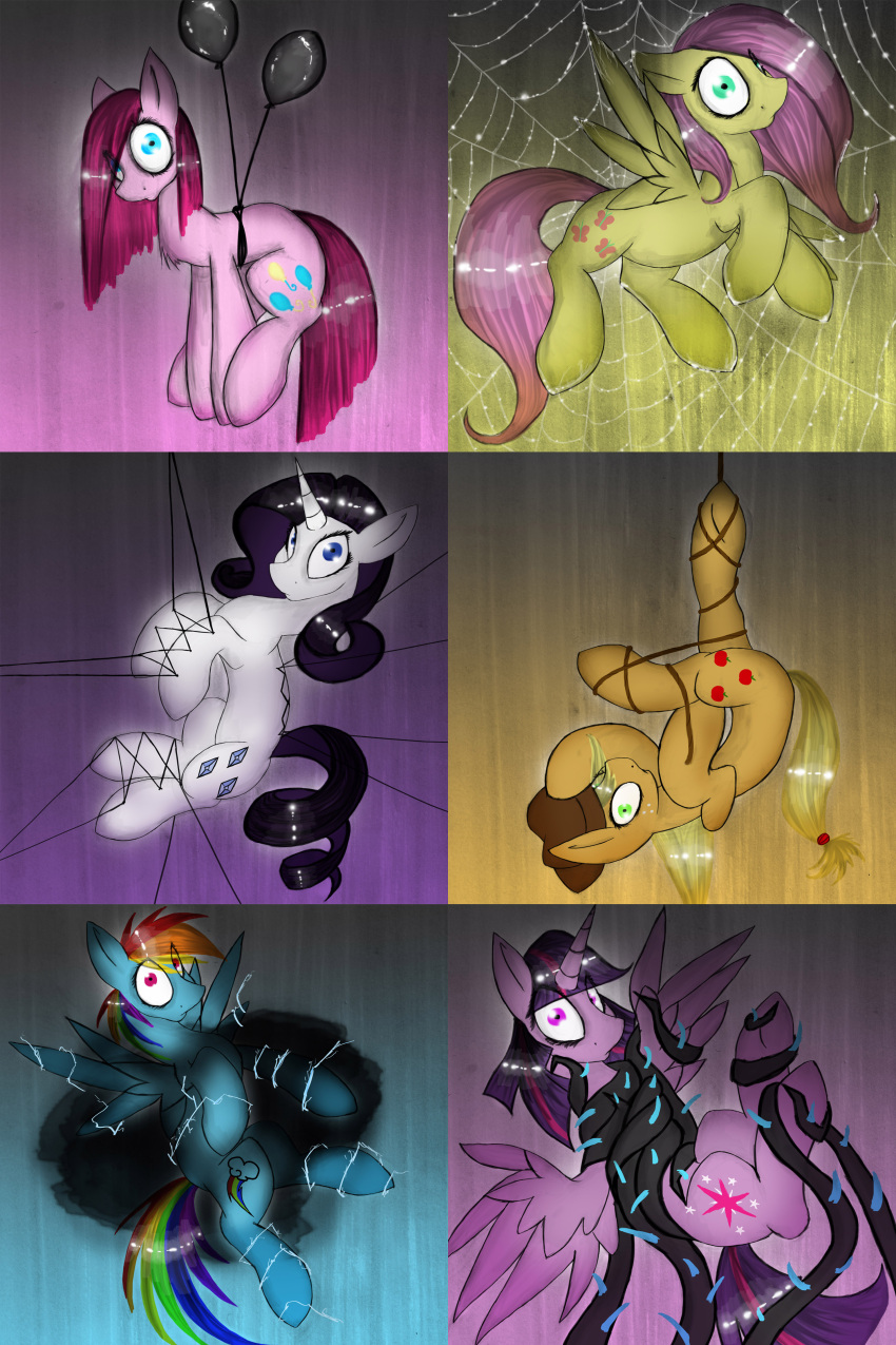 2:3 absurd_res alicorn applejack_(mlp) arthropod_webbing attached_to_balloon balloon balloon_support blonde_hair blue_body blue_eyes blue_feathers blue_fur bound cloud color_partitioning cutie_mark earth_pony electricity equid equine feathered_wings feathers female feral fluttershy_(mlp) friendship_is_magic fur hair hanging_from_balloon hasbro hi_res horn horse inflatable inflatable_support lightning long_hair looking_at_viewer mammal multicolored_hair multiple_images my_little_pony mythological_creature mythological_equine mythology partitioning pegasus pink_body pink_fur pink_hair pinkamena_(mlp) pinkie_pie_(mlp) plant pony purple_body purple_eyes purple_fur purple_hair rainbow_dash_(mlp) rainbow_hair rarity_(mlp) rope simple_background solo spider_web thorns thread twilight_sparkle_(mlp) two_tone_hair unicorn upside-down vines web_bondage white_body white_fur wings xenalollie yellow_body yellow_feathers