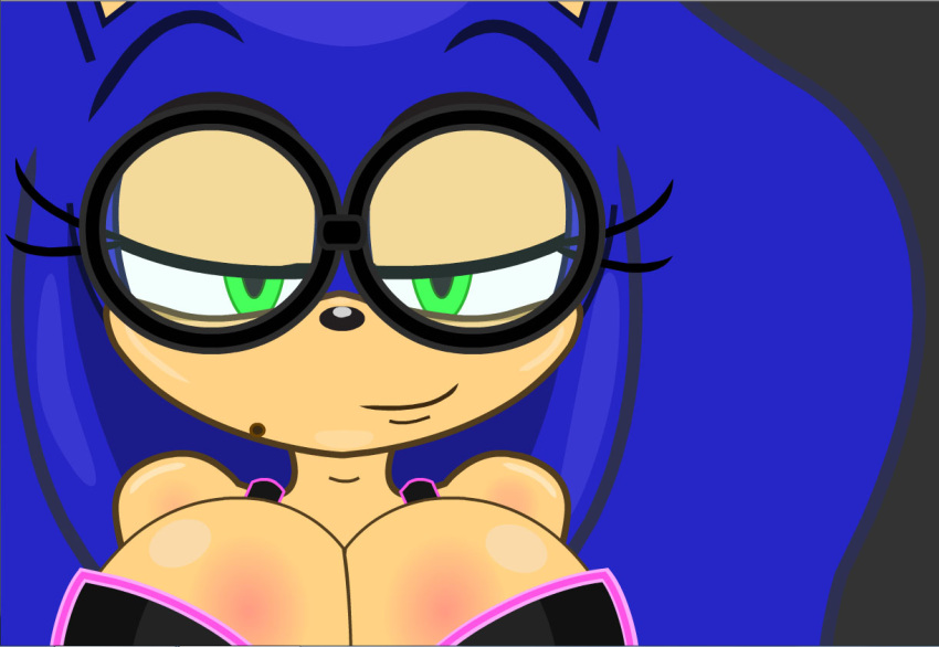 2013 anthro big_breasts blue_body blue_fur blue_hair breasts cleavage clothed clothing ctrl-z enormous_(artist) eulipotyphlan eyewear female fur glasses green_eyes hair hedgehog huge_breasts long_hair looking_at_viewer mammal markings mole_(marking) mtf_crossgender rule_63 sega smile solo sonic_the_hedgehog sonic_the_hedgehog_(series)