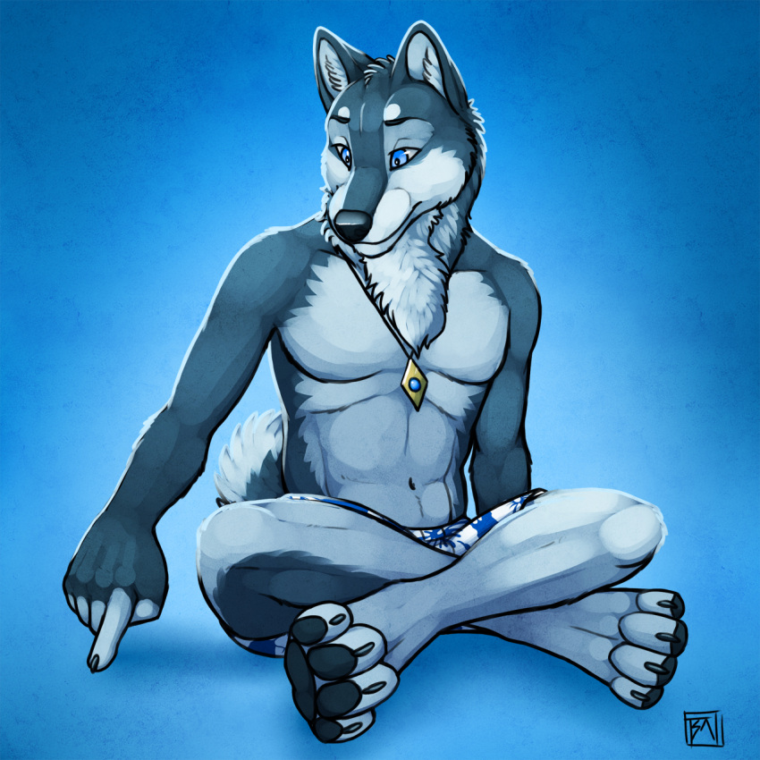 1:1 4_toes abs anthro arctic_wolf biped black_nose black_pawpads blue_background blue_eyes canid canine canis chest_tuft claws clothed clothing crossed_legs digitigrade feet fingerless_(marking) forefinger front_view fur grey_body grey_fur hi_res hindpaw jewelry male mammal multicolored_body multicolored_fur muscular muscular_anthro muscular_male necklace pawpads paws pecs simple_background sitting soles solo swimwear toes topless tsaiwolf tuft two_tone_body two_tone_fur wolf