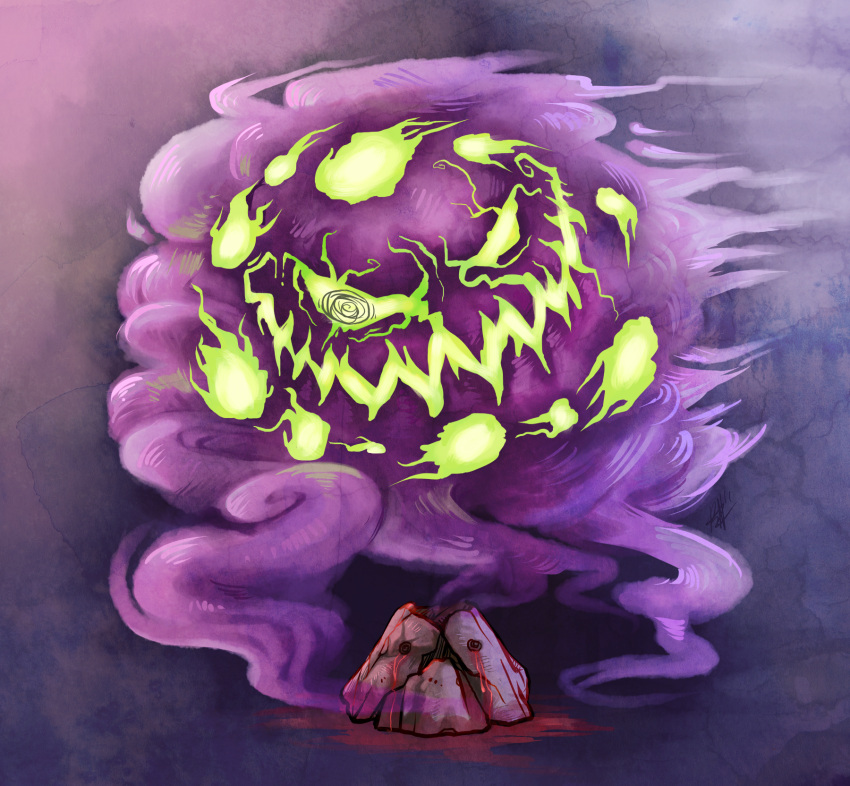 abstract_background ambiguous_gender blood bodily_fluids chewy_meowth creepy digital_media_(artwork) generation_4_pokemon ghost hi_res nintendo not_furry odd_keystone pokemon pokemon_(species) rock simple_background solo spirit spiritomb