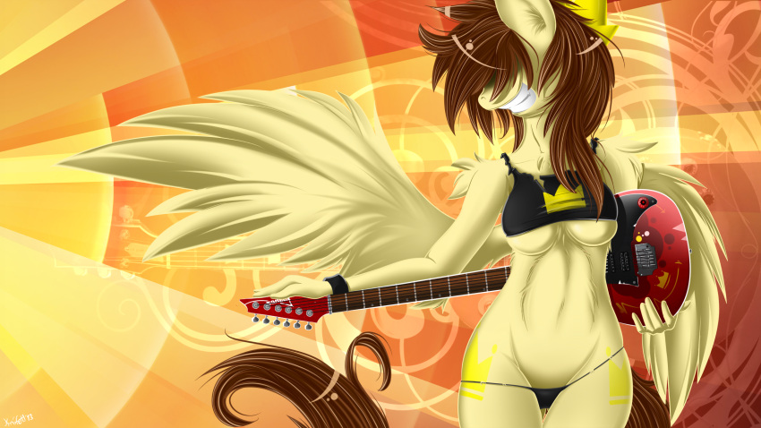 2013 abstract_background anthro breasts brown_hair clothed clothing cutie_mark equid equine feathered_wings feathers female fur guitar hair hasbro hi_res knifeh long_hair mammal musical_instrument my_little_pony mythological_creature mythological_equine mythology panties pegasus plucked_string_instrument prince_whatever_(artist) simple_background skimpy smile solo string_instrument teeth under_boob underwear wallpaper wings yellow_body yellow_feathers yellow_fur